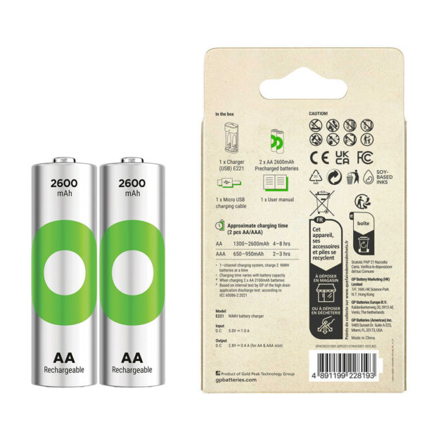 Gp Recyko E221 2 X 2600 Mah R6 Aa Pi̇lli̇ Pi̇l Şarj Cihazı (gp-e221/270ahcer21-2gtlb2) - Görsel 3
